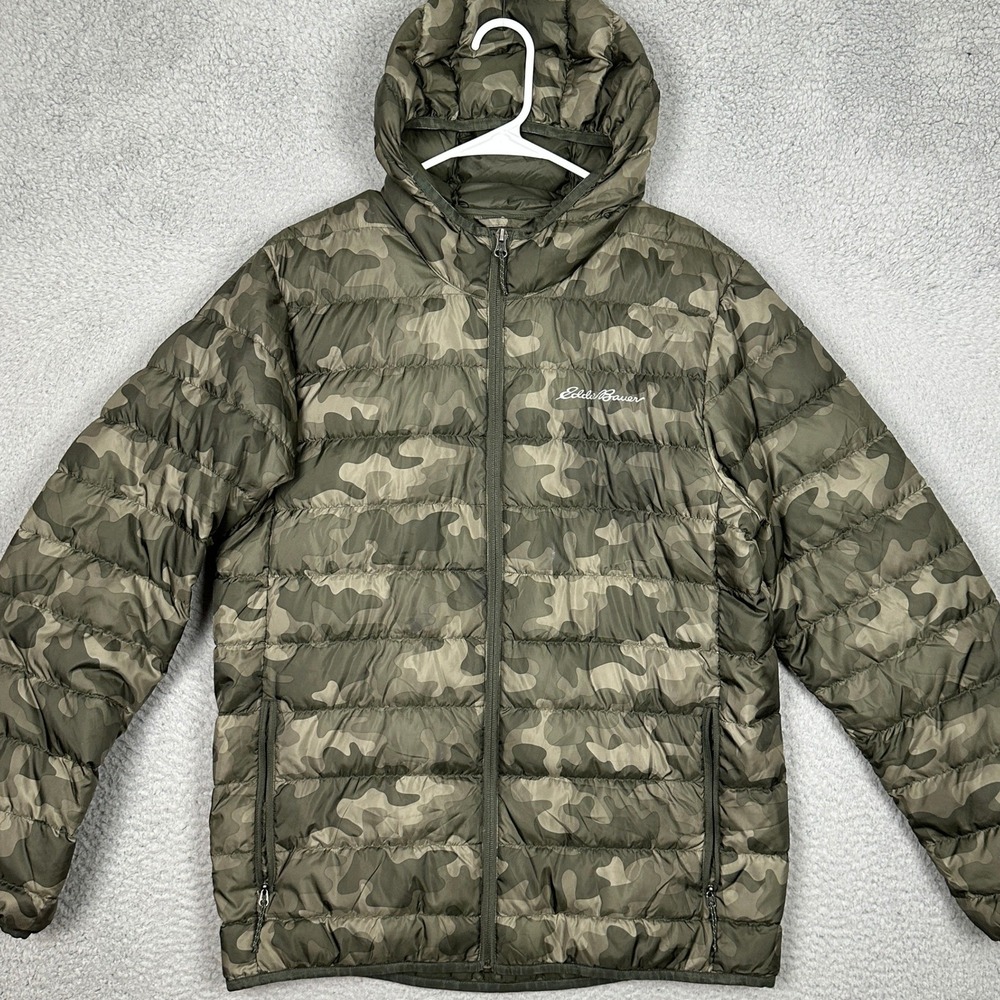 Eddie Bauer Puffer Jacket Mens Medium CirrusLite Green Camo 650 Down Lightweight